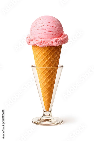 Fototapeta Sweet Delight: A single scoop of pink ice cream rests delicately within a crispy cone, elegantly presented in a classic glass holder, embodying pure dessert bliss.