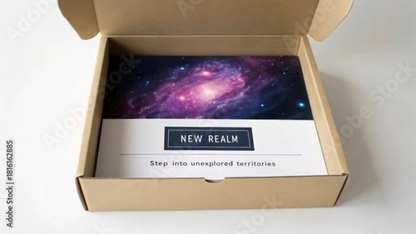 Fototapeta Open cardboard box displaying a card with a vibrant galaxy image and 'New Realm' text
