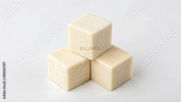 Fototapeta Perfectly balanced matte ivory colored soap cubes arranged in a triad on a white background, symbolizing wellness and cleanliness