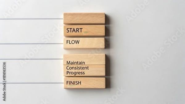 Fototapeta Seven identical wooden blocks arranged vertically, displaying a clear process from start to finish with consistent progress