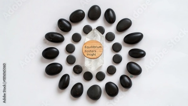 Fototapeta Perfectly Symmetrical Arrangement of Polished Black Pebbles and Crystal for Wellness and Balance