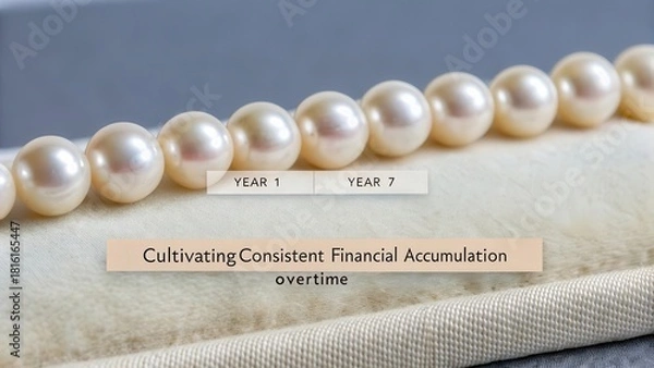 Fototapeta Seven Luminous Pearls Arranged Over Time Representing Consistent Financial Accumulation