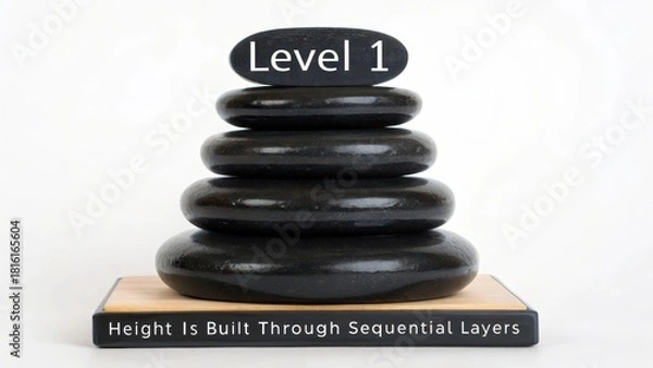 Fototapeta Six Polished Black Obsidian Discs Stacked in Progressive Sizes Demonstrating Balance and Wellness