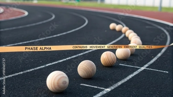 Fototapeta Six Smooth Wooden Spheres Arranged on a Running Track with Text Overlay