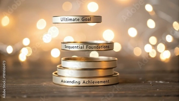 Fototapeta Stacked rings symbolizing ascending achievement and sequential foundations toward an ultimate goal, illuminated by ambient bokeh lights.