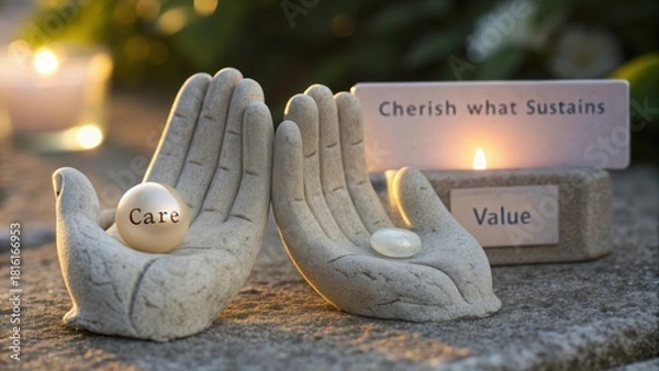 Fototapeta Stone sculpted hands holding objects with inspirational messages near a soft ambient light source