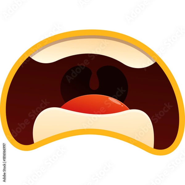 Obraz Open Mouth Yelling Cartoon Mouth Isolated On White Background Bright Yellow Outline Dark Brown Interior Red Tongue Expressing Loud Sound And Shock