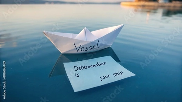 Fototapeta White paper boat labeled Vessel floats on calm blue water with a handwritten message of Determination is your ship