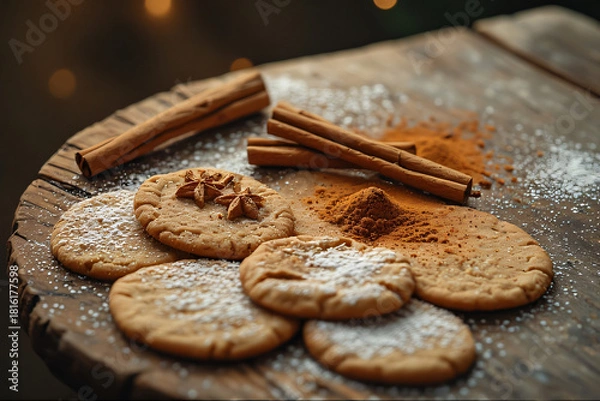 Obraz Christmas cookies and spices like cinnamon and gingerbread, cosy