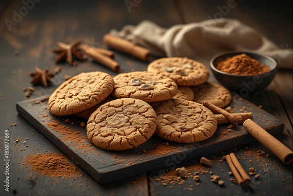 Obraz Christmas cookies and spices like cinnamon and gingerbread, cosy