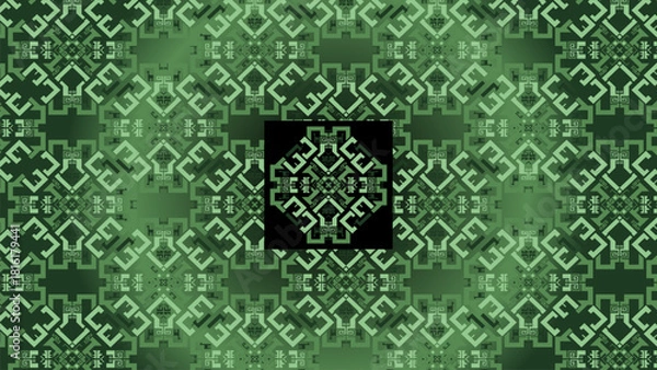 Fototapeta Abstract Green Tribal Pattern with Ancient Indigenous Symbols. Seamless Geometric Design.