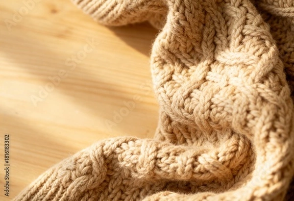 Obraz Close up texture of beige knitted wool sweater on wooden table, cozy winter background