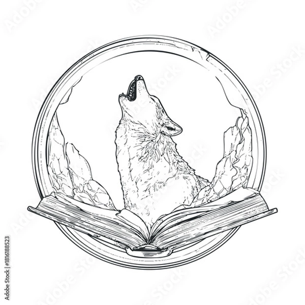 Fototapeta Howling wolf inside open book design for creative projects.Vector hand draw