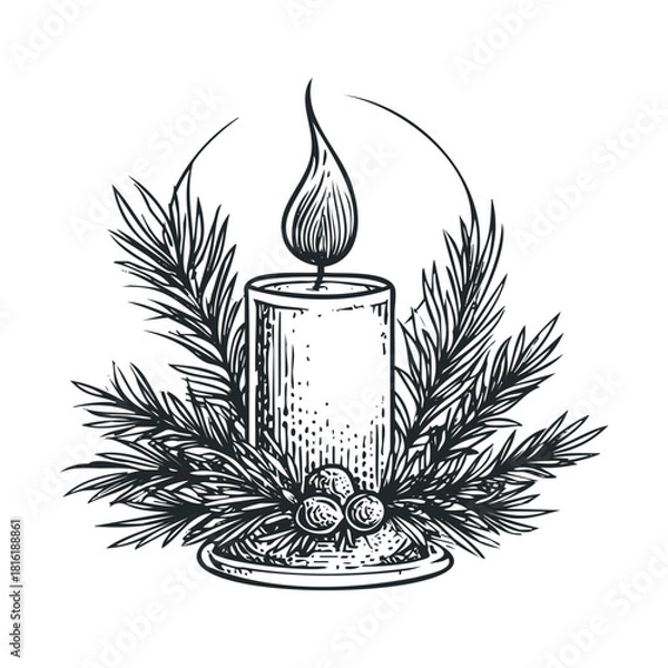 Fototapeta Decorative candle with pine branches for winter celebration decor.Vector hand draw
