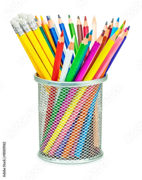 Obraz Набор цветных карандашей в металлическом стакане на изолированном белом фоне