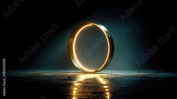Fototapeta Floating Perfect Circle in Darkness with Radiant Light Reflections and Cosmic Minimalism
