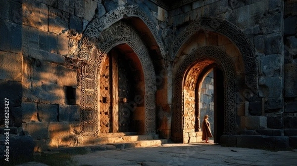 Fototapeta Imposing Ancient Gateway Highlighting Enigmatic Symbols, Shadows, and Textured Stone
