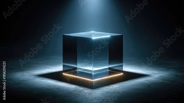 Fototapeta Photorealistic Clear Cube Suspended in Stark Void Emphasizing Purity, Fragility, and Silence
