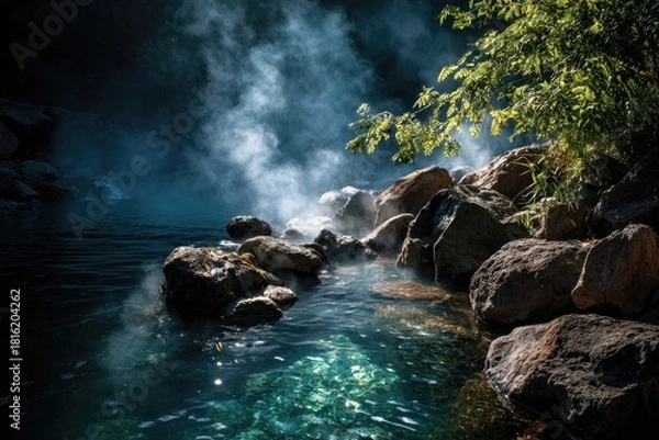 Fototapeta Tranquil Geothermal Hot Spring with Turquoise Water and Rising Steam in Rocky Clearing
