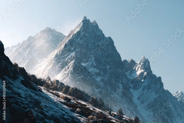 Fototapeta Majestic Snow-Capped Mountain Peaks Under Clear Blue Sky with Gentle Clouds
