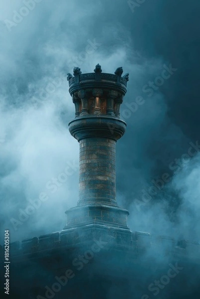 Fototapeta Dramatic Sentinel Tower Shrouded in Fog Highlighting Strength and Mystical Ambiance
