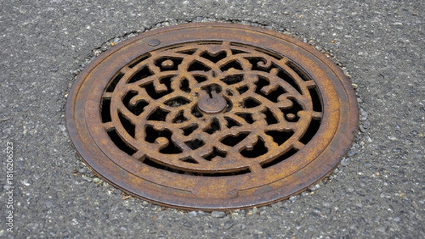 Fototapeta A weathered, circular, rusty manhole cover with an intricate decorative pattern is set within dark grey asphalt pavement, featuring a central keyhole. It's an aged urban utility fixture.
