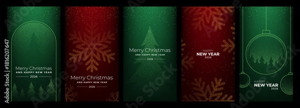Fototapeta Collection of vertical christmas vector designs for greeting card. Happy New Year and Merry Christmas celebration. Festive holiday invitation.