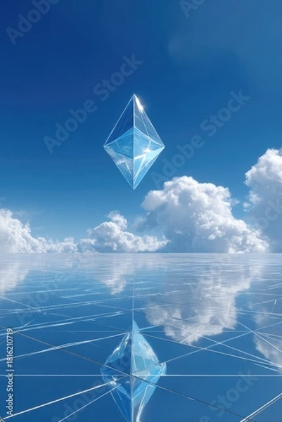 Fototapeta Surreal Infinite Floor Reflecting a Lone Floating Geometric Structure
