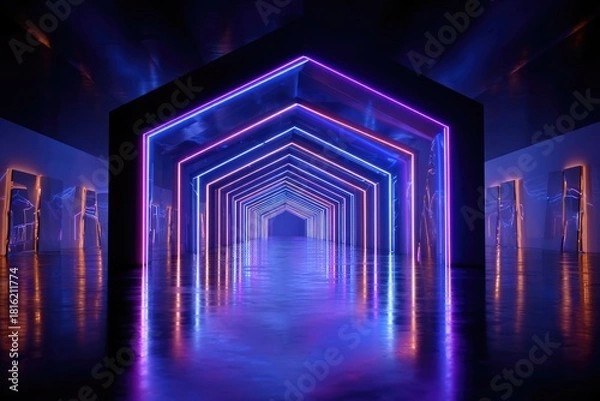 Fototapeta Surreal Infinite Corridor of Glowing Geometric Neon Patterns
