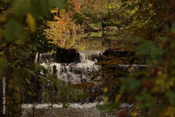 Obraz A small, tranquil waterfall or weir on a forest river, framed by colorful autumn leaves.