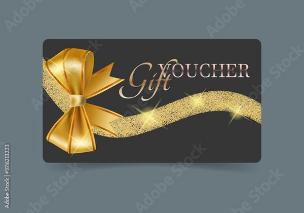 Obraz A gift voucher template with a gold realistic ribbon. Design an invitation, certificate, gift coupon, ticket or voucher. 