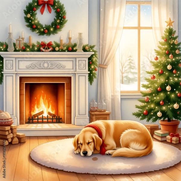 Obraz dog near a warm fireplace