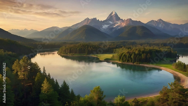 Obraz Mountain Sunrise Landscape with Serene Lakes and Valleys.