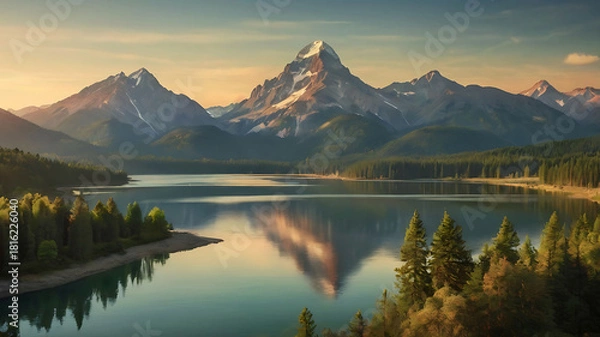 Obraz Mountain Sunrise Landscape with Serene Lakes and Valleys.