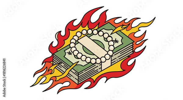 Obraz Stylized money illustration symbolizing financial risk and extravagance with flame effects and