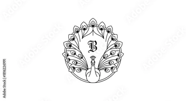 Obraz Elegant peacock emblem design with a stylized letter B at center in circular frame