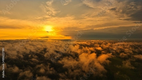 Fototapeta A high-altitude aerial photograph capturing a sunrise above a vast forest with golden morning mist drifting through the treetops