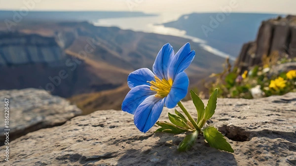 Obraz Delicate Blue Flower on Cliff Edge Facing the Endless Horizon.
