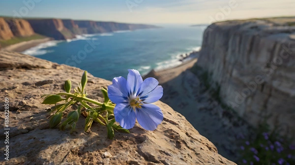 Obraz Delicate Blue Flower on Cliff Edge Facing the Endless Horizon.