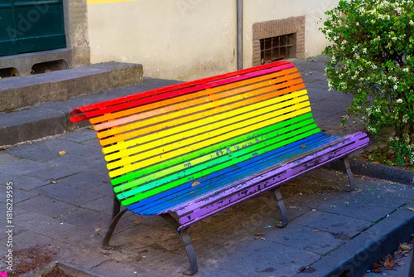 Obraz Rainbow Bench on Sidewalk in Lucca, Italy