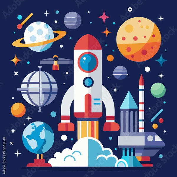 Obraz Flat style vector: space exploration concept – rocket, moon base, astronaut icons

