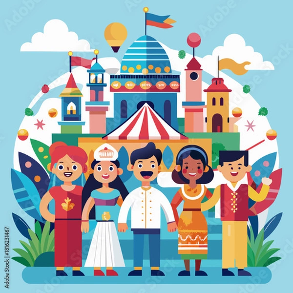 Obraz  multicultural festival scene, flat design, editable characters
