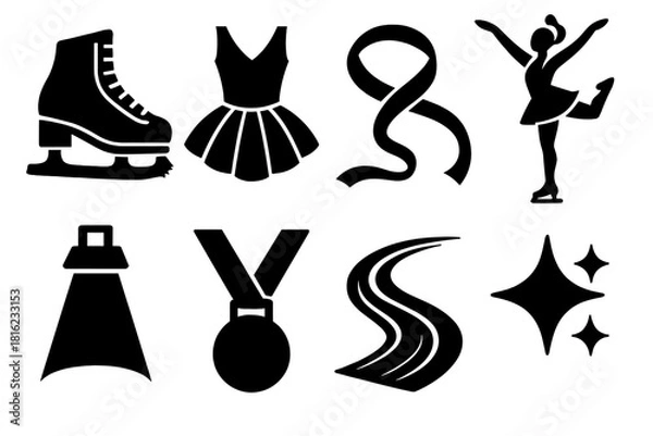 Fototapeta Bold Skating Icons. Figure Skating Elegance silhouette icon set. skating boots, tutu dress, ribbon, graceful pose, spotlight, medal, ice trail, star sparkle