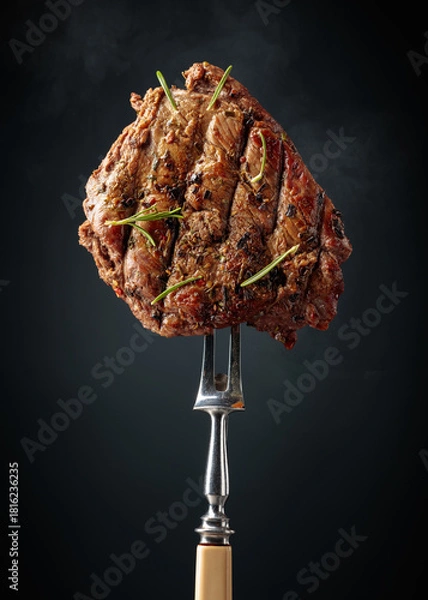 Fototapeta Grilled beef steak on a fork.