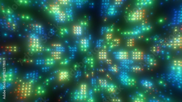 Fototapeta Glowing green and blue digital dots forming a vivid abstract light-field with soft blurred diffusion