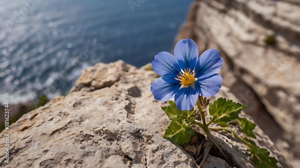 Obraz Fragile Blue Flower on Cliff Edge in Swirling Wind Overlooking Endless Horizon.