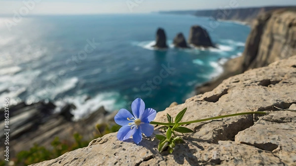 Obraz Fragile Blue Flower on Cliff Edge in Swirling Wind Overlooking Endless Horizon.