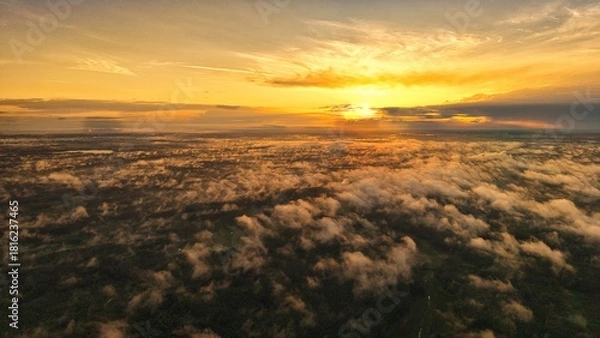 Fototapeta A high-altitude aerial photograph capturing a sunrise above a vast forest with golden morning mist drifting through the treetops