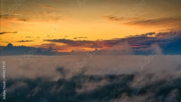 Fototapeta A high-altitude aerial photograph capturing a sunrise above a vast forest with golden morning mist drifting through the treetops