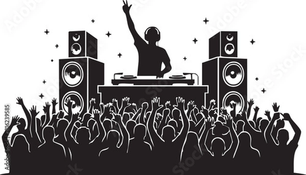 Obraz DJ Concert Silhouette with Crowd, Speakers, and Fireworks – Energetic Music Event Vector Illustration